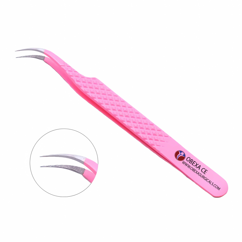 Curved Fiber Tip Tweezers for Eyelash Extensions Pink